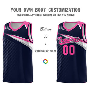 Custom Navy Pink-White Chest Color Block Sports Uniform Basketball Jersey