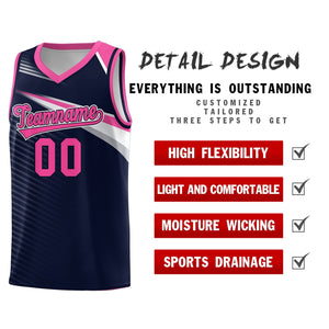 Custom Navy Pink-White Chest Color Block Sports Uniform Basketball Jersey