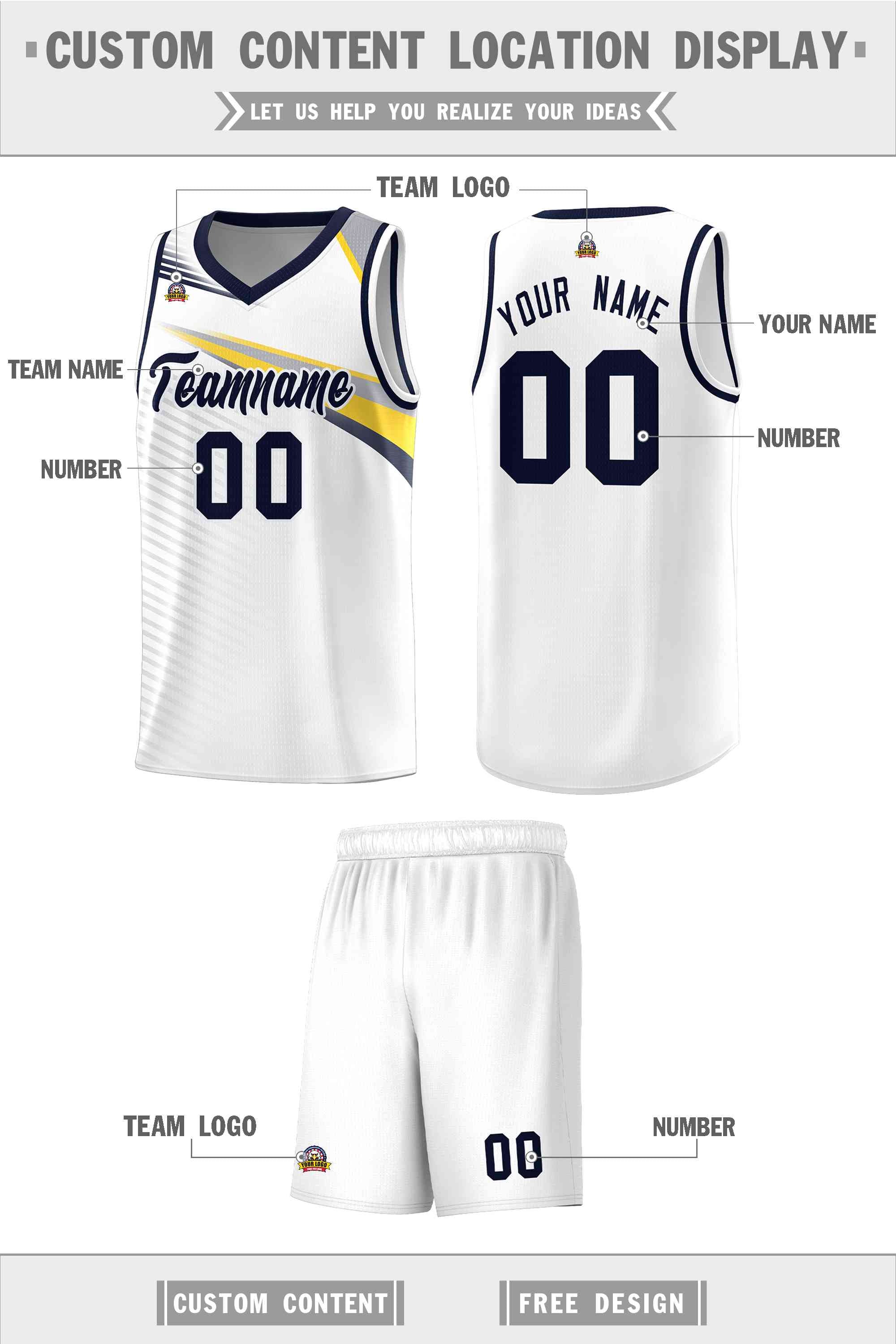 Custom White Navy Chest Color Block Sports Uniform Basketball Jersey