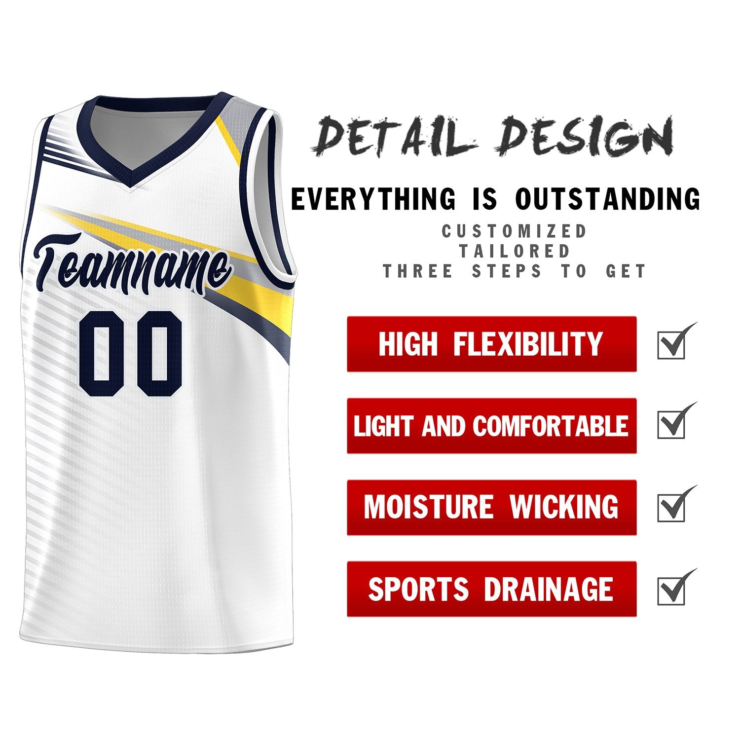 Custom White Navy Chest Color Block Sports Uniform Basketball Jersey