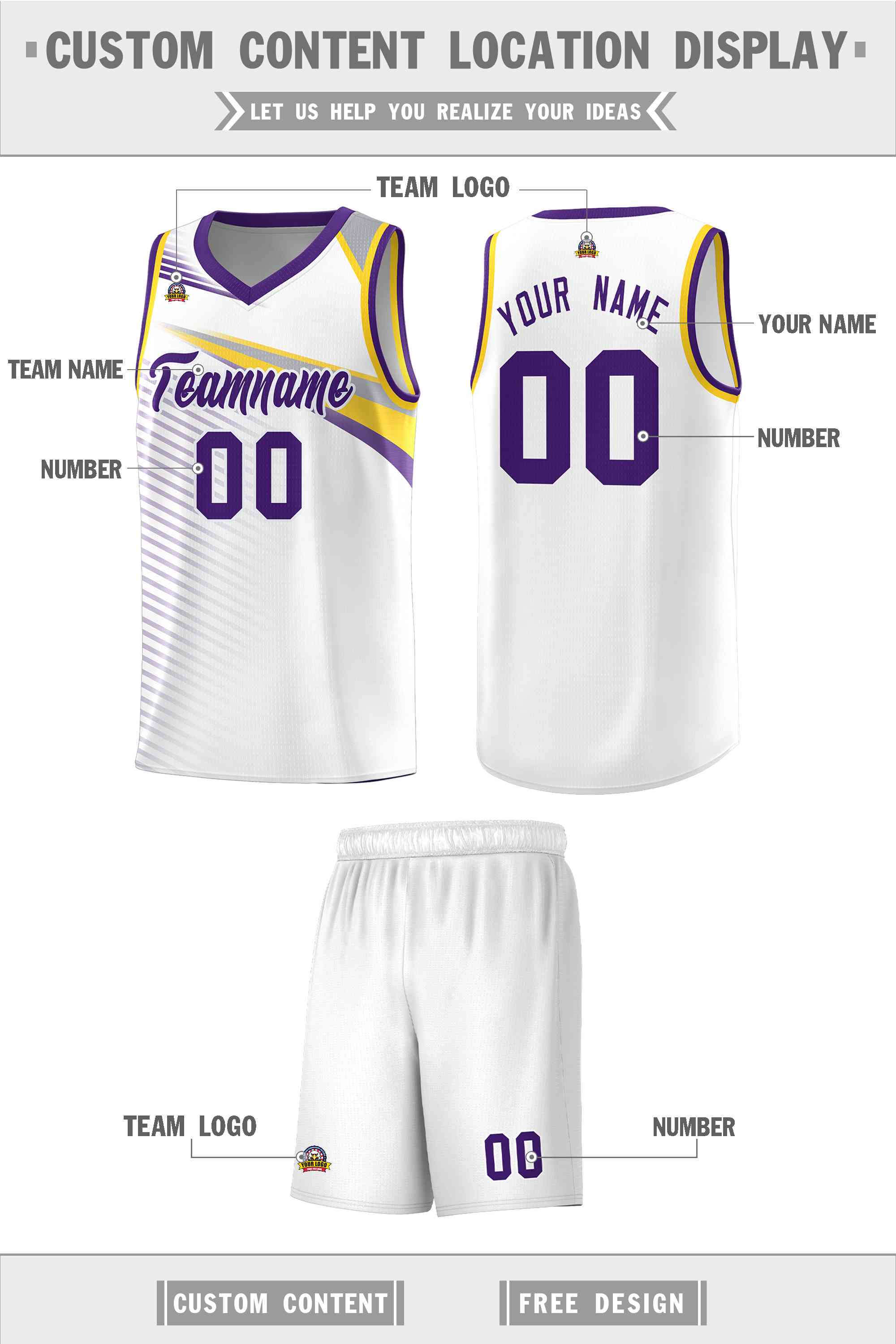 Custom White Purple Chest Color Block Sports Uniform Basketball Jersey