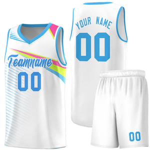 Custom White Powder Blue Chest Color Block Sports Uniform Basketball Jersey