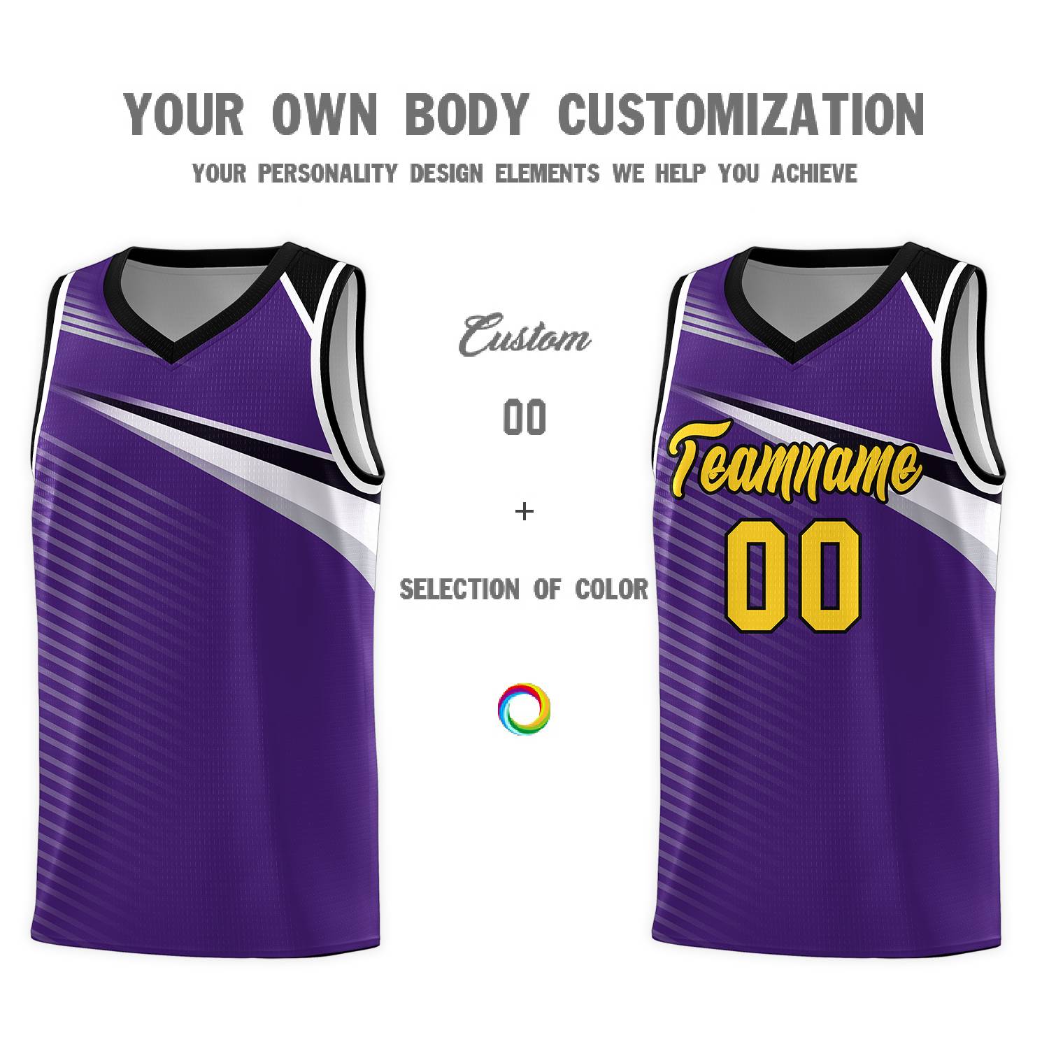 Custom Purple Gold-Black Chest Color Block Sports Uniform Basketball Jersey