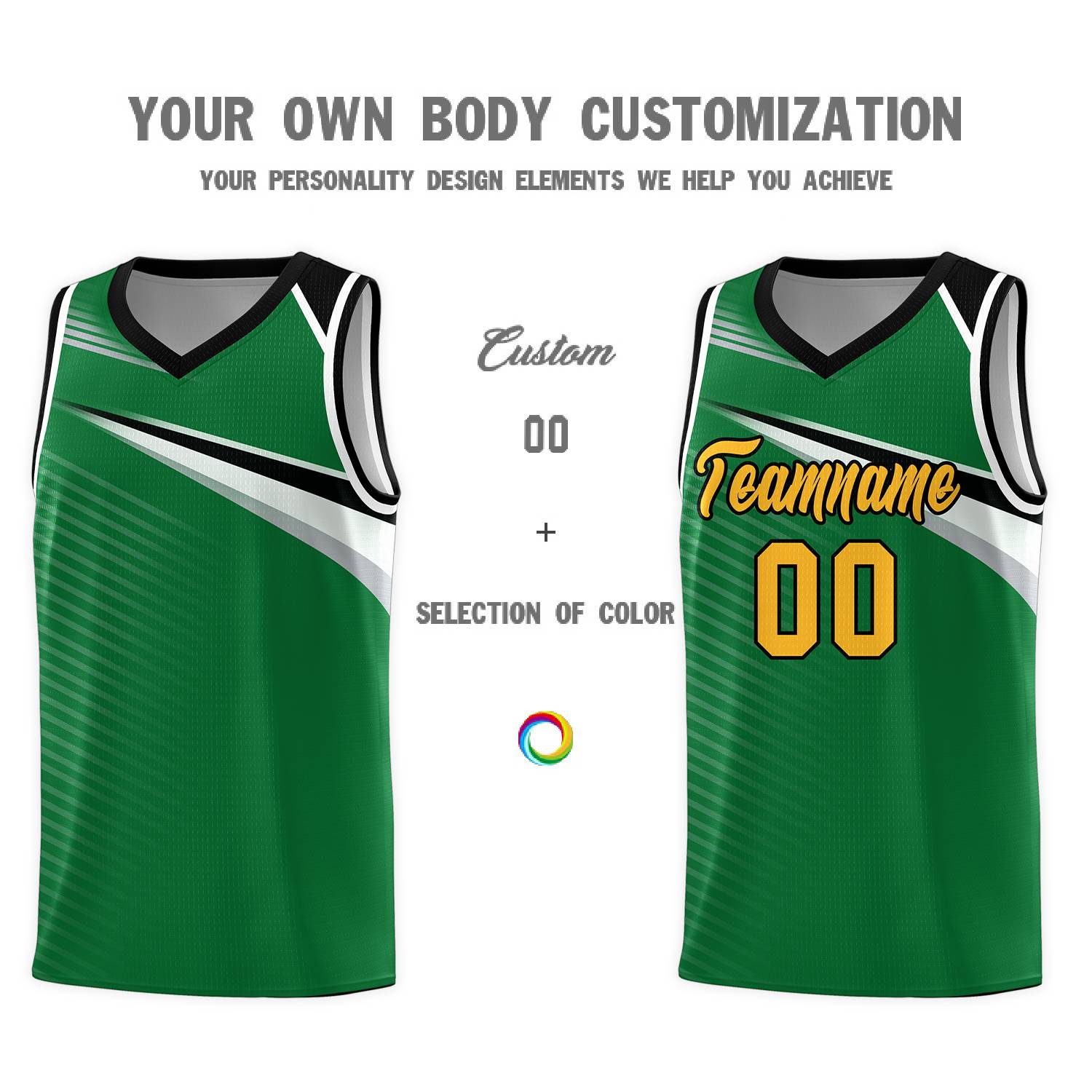 Custom Kelly Green Gold-Black Chest Color Block Sports Uniform Basketball Jersey