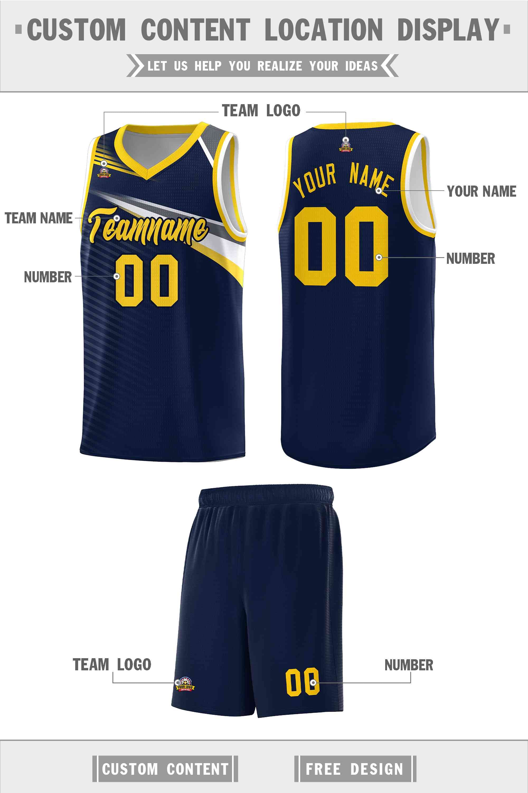 Custom Navy Gold-Navy Chest Color Block Sports Uniform Basketball Jersey