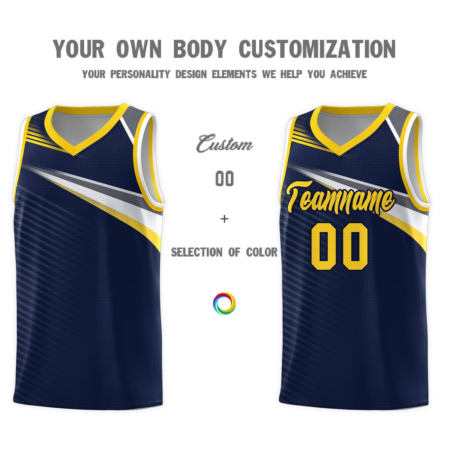 Custom Navy Gold-Navy Chest Color Block Sports Uniform Basketball Jersey