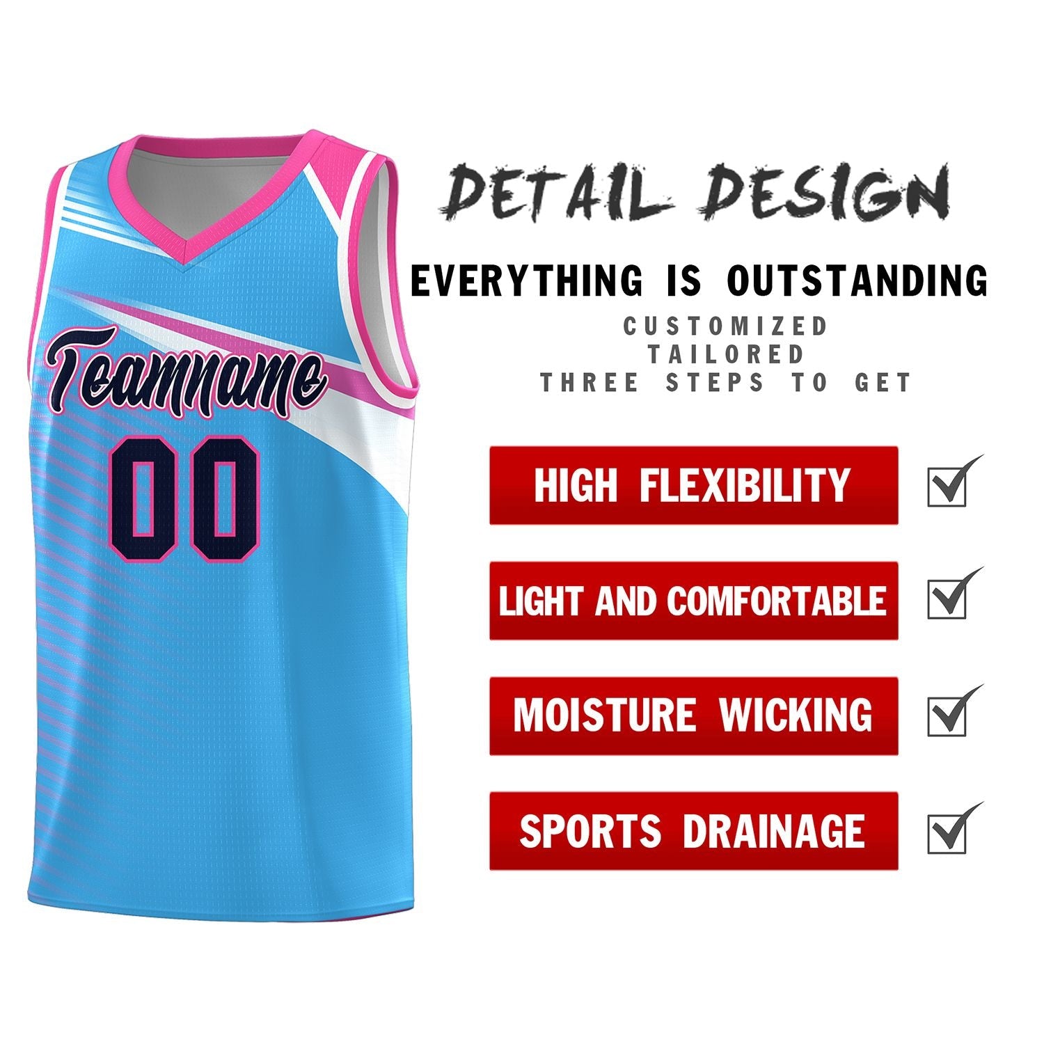 Custom Powder Blue Navy-White Chest Color Block Sports Uniform Basketball Jersey