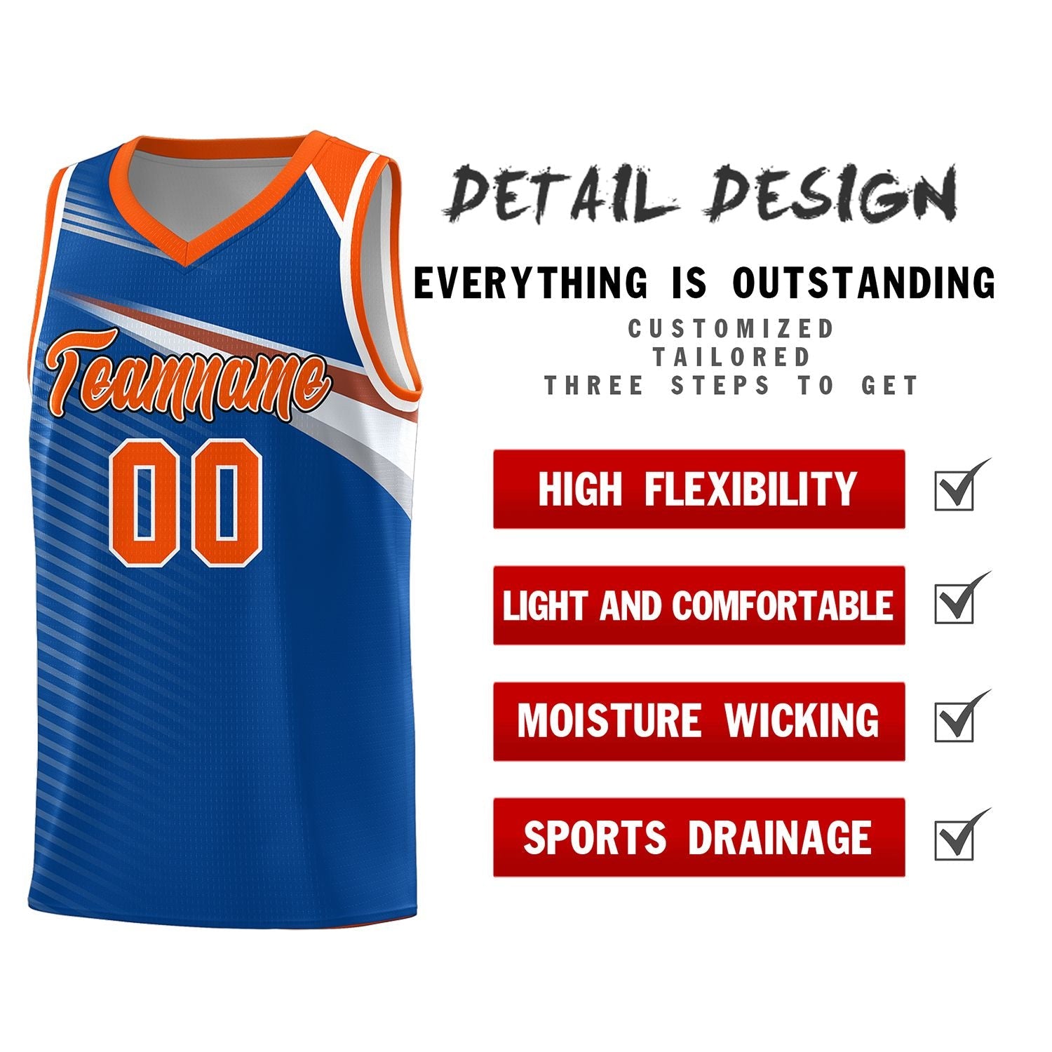 Custom Royal Orange-White Chest Color Block Sports Uniform Basketball Jersey