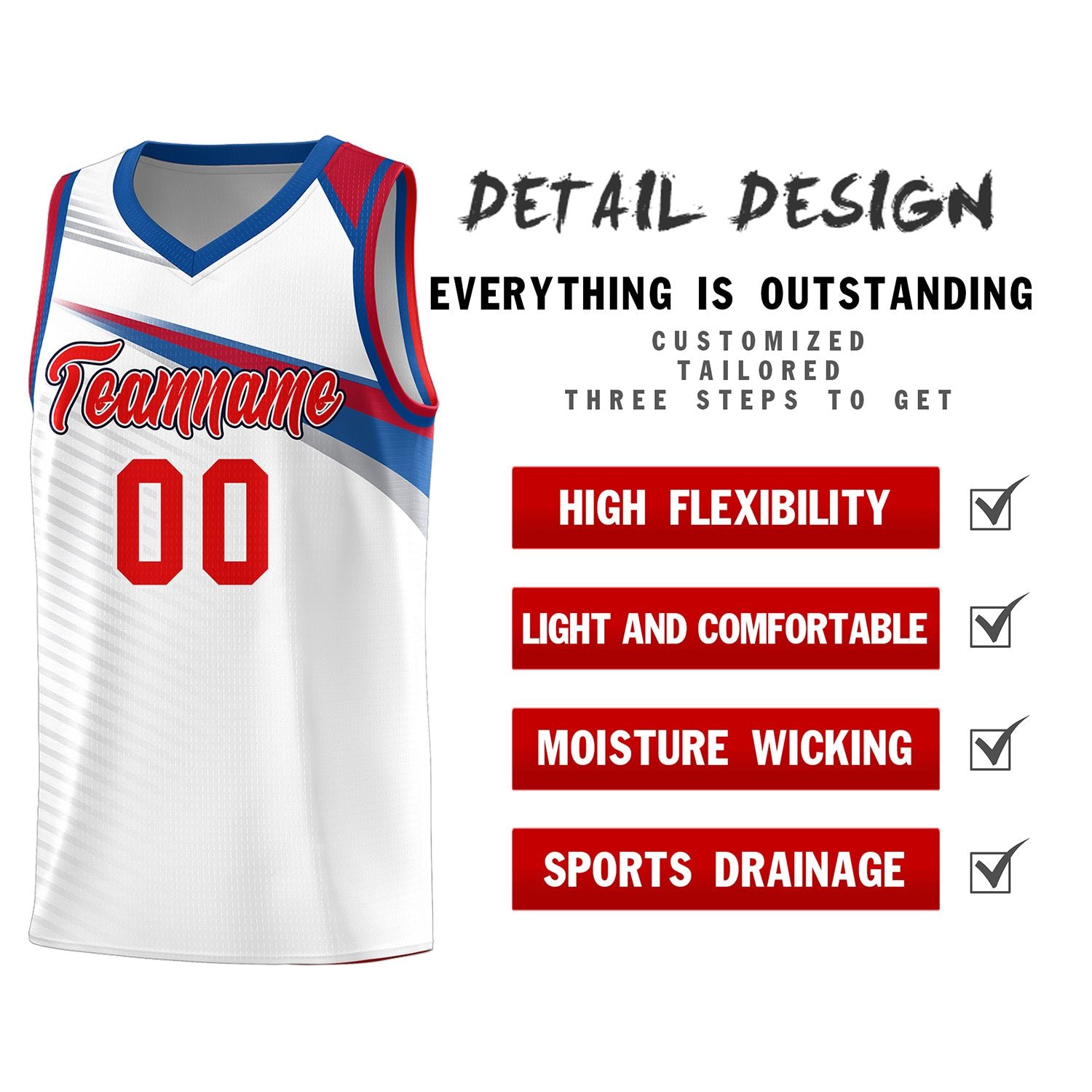 Custom White Red Chest Color Block Sports Uniform Basketball Jersey
