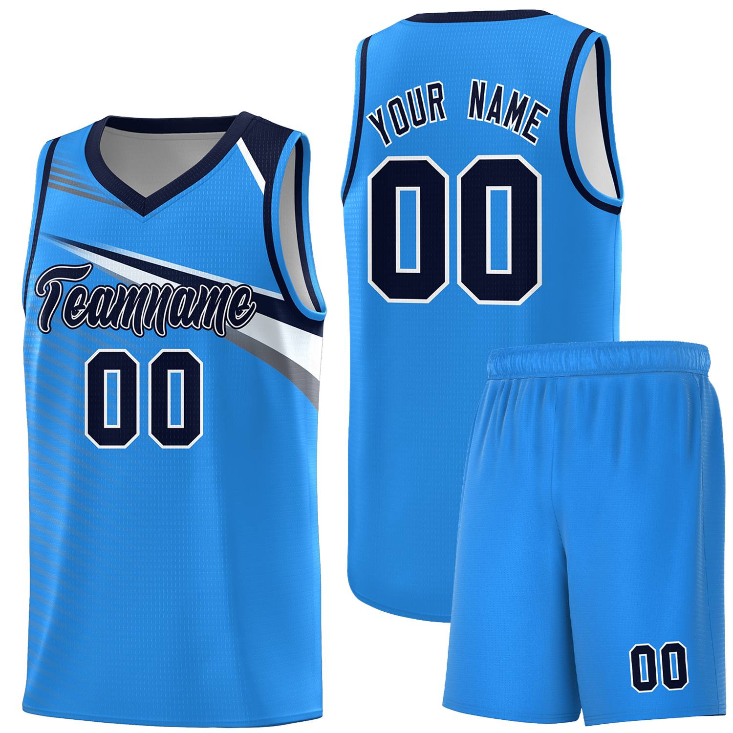 Custom Powder Blue Navy-White Chest Color Block Sports Uniform Basketball Jersey