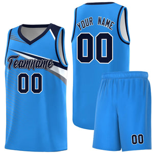 Custom Powder Blue Navy-White Chest Color Block Sports Uniform Basketball Jersey