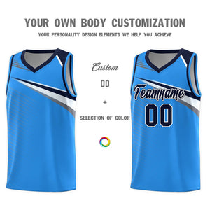 Custom Powder Blue Navy-White Chest Color Block Sports Uniform Basketball Jersey