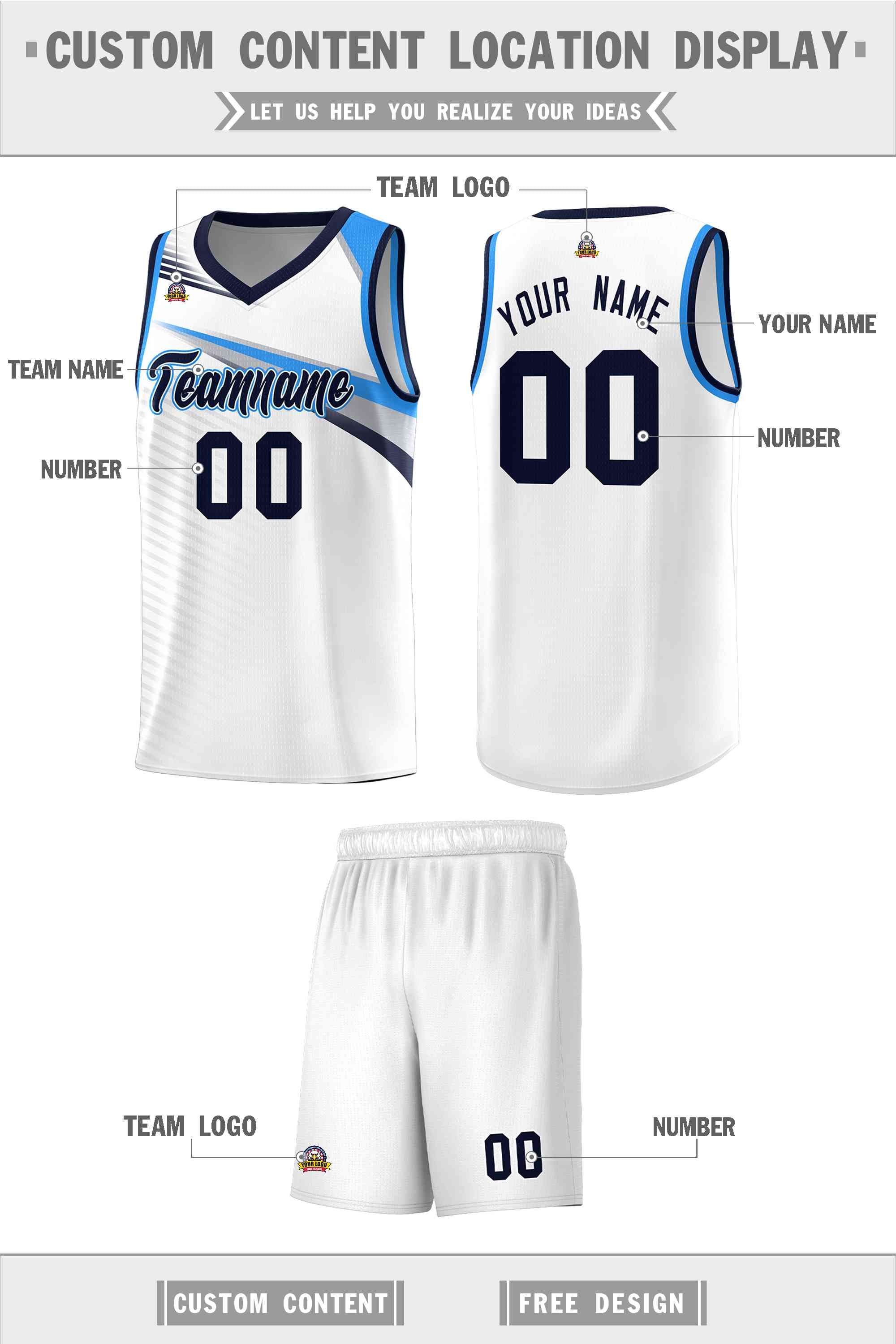 Custom White Navy Chest Color Block Sports Uniform Basketball Jersey