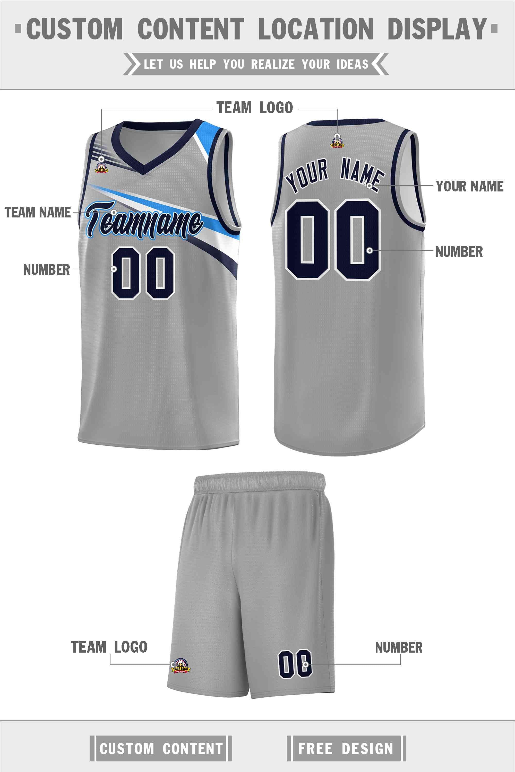 Custom Gray Navy-White Chest Color Block Sports Uniform Basketball Jersey