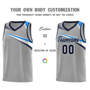 Custom Gray Navy-White Chest Color Block Sports Uniform Basketball Jersey