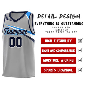 Custom Gray Navy-White Chest Color Block Sports Uniform Basketball Jersey