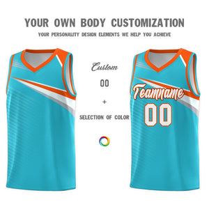 Custom Light Blue White-Orange Chest Color Block Sports Uniform Basketball Jersey