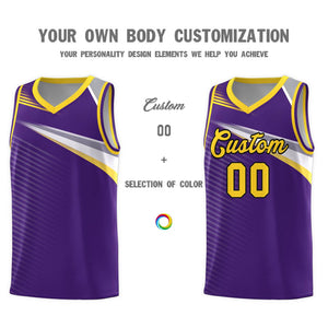 Custom Purple Gold-Black Chest Color Block Sports Uniform Basketball Jersey