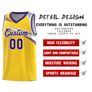 Custom Gold Purple-White Chest Color Block Sports Uniform Basketball Jersey