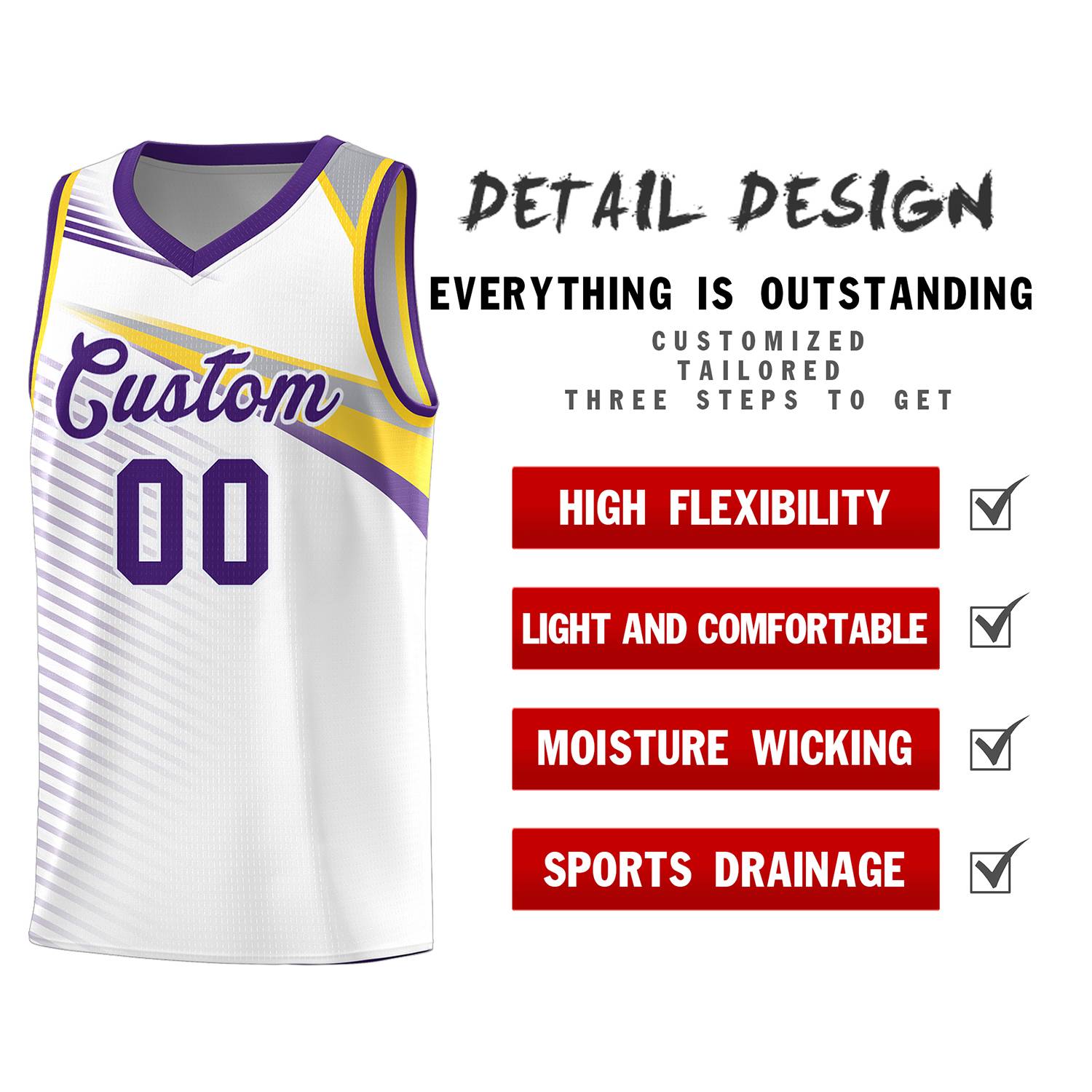 Custom White Purple Chest Color Block Sports Uniform Basketball Jersey