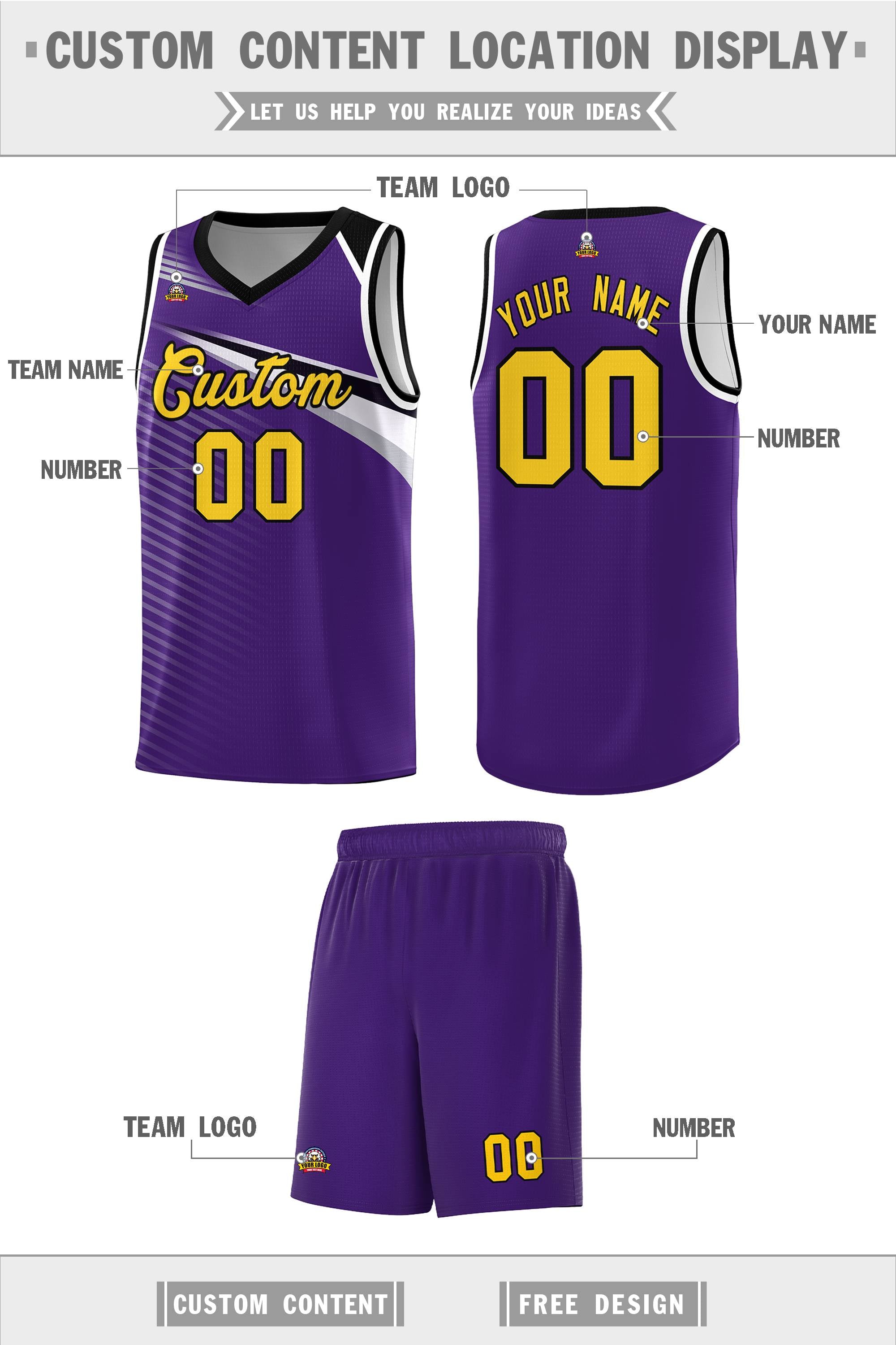 Custom Purple Gold-Black Chest Color Block Sports Uniform Basketball Jersey