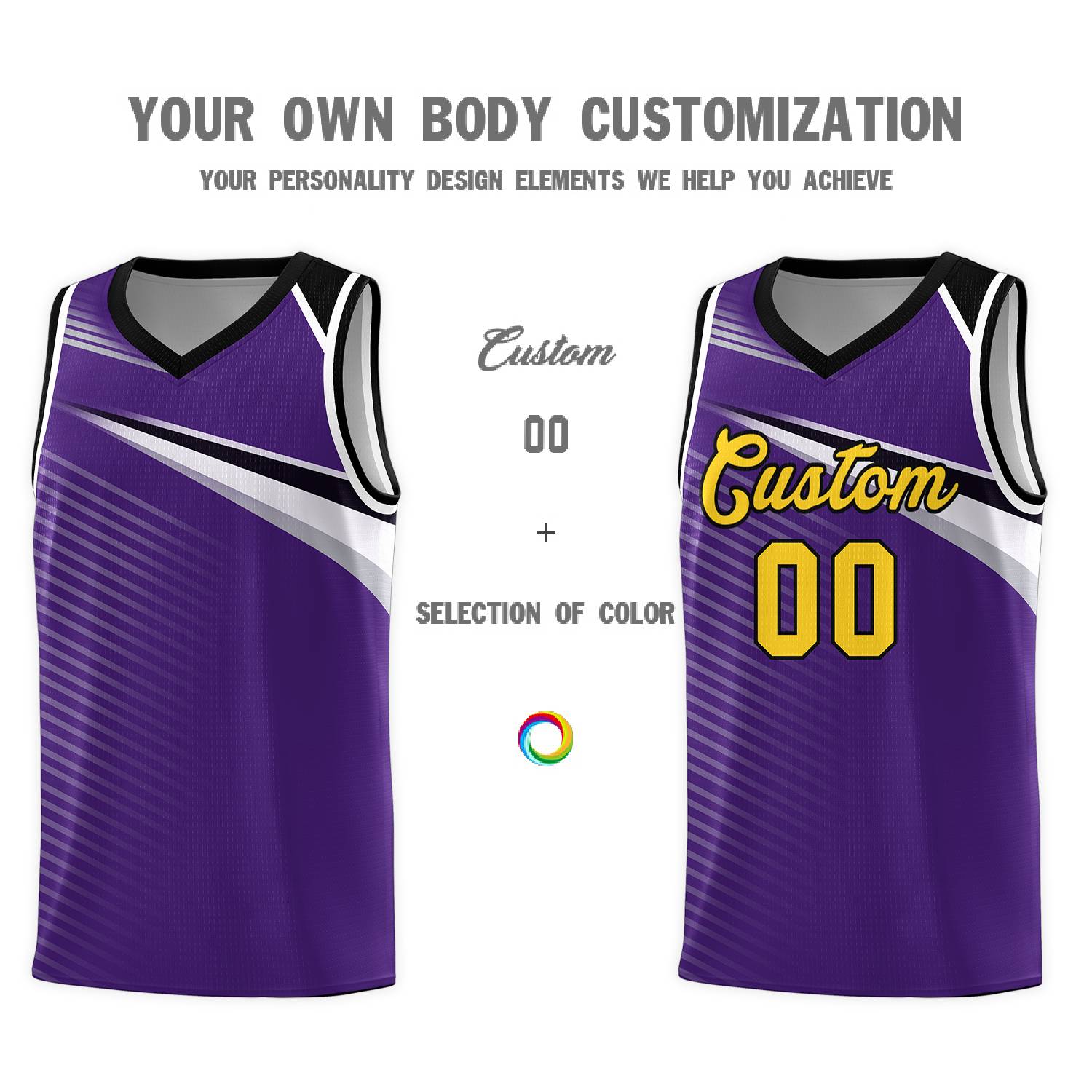 Custom Purple Gold-Black Chest Color Block Sports Uniform Basketball Jersey