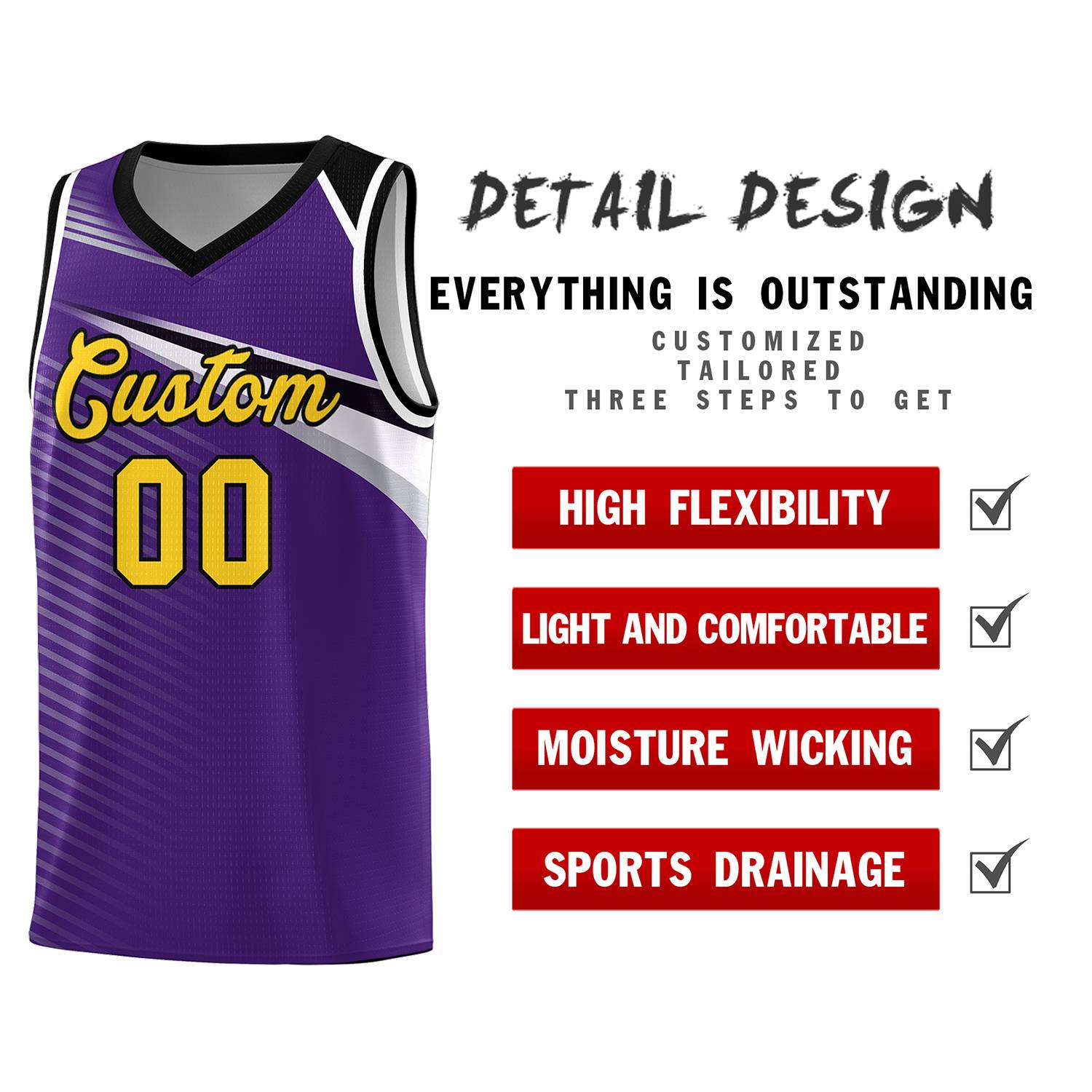 Custom Purple Gold-Black Chest Color Block Sports Uniform Basketball Jersey