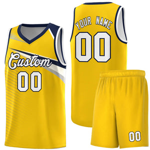 Custom Yellow White-Navy Chest Color Block Sports Uniform Basketball Jersey