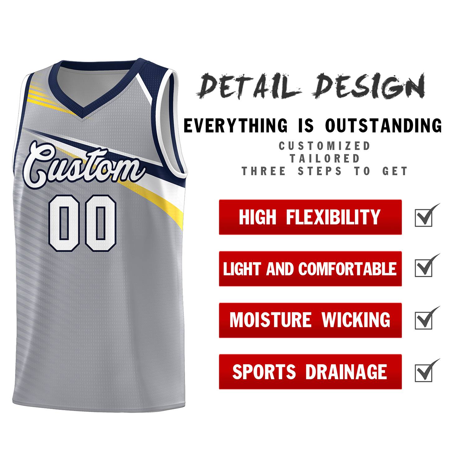 Custom Gray White-Navy Chest Color Block Sports Uniform Basketball Jersey