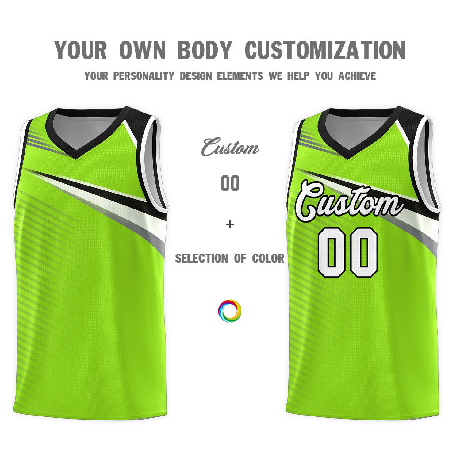 Custom Neon Green White-Black Chest Color Block Sports Uniform Basketball Jersey