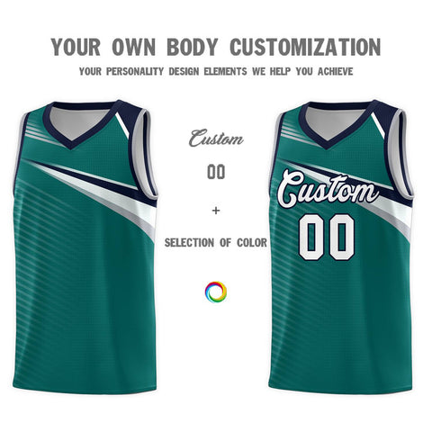 Custom Aqua White-Navy Chest Color Block Sports Uniform Basketball Jersey