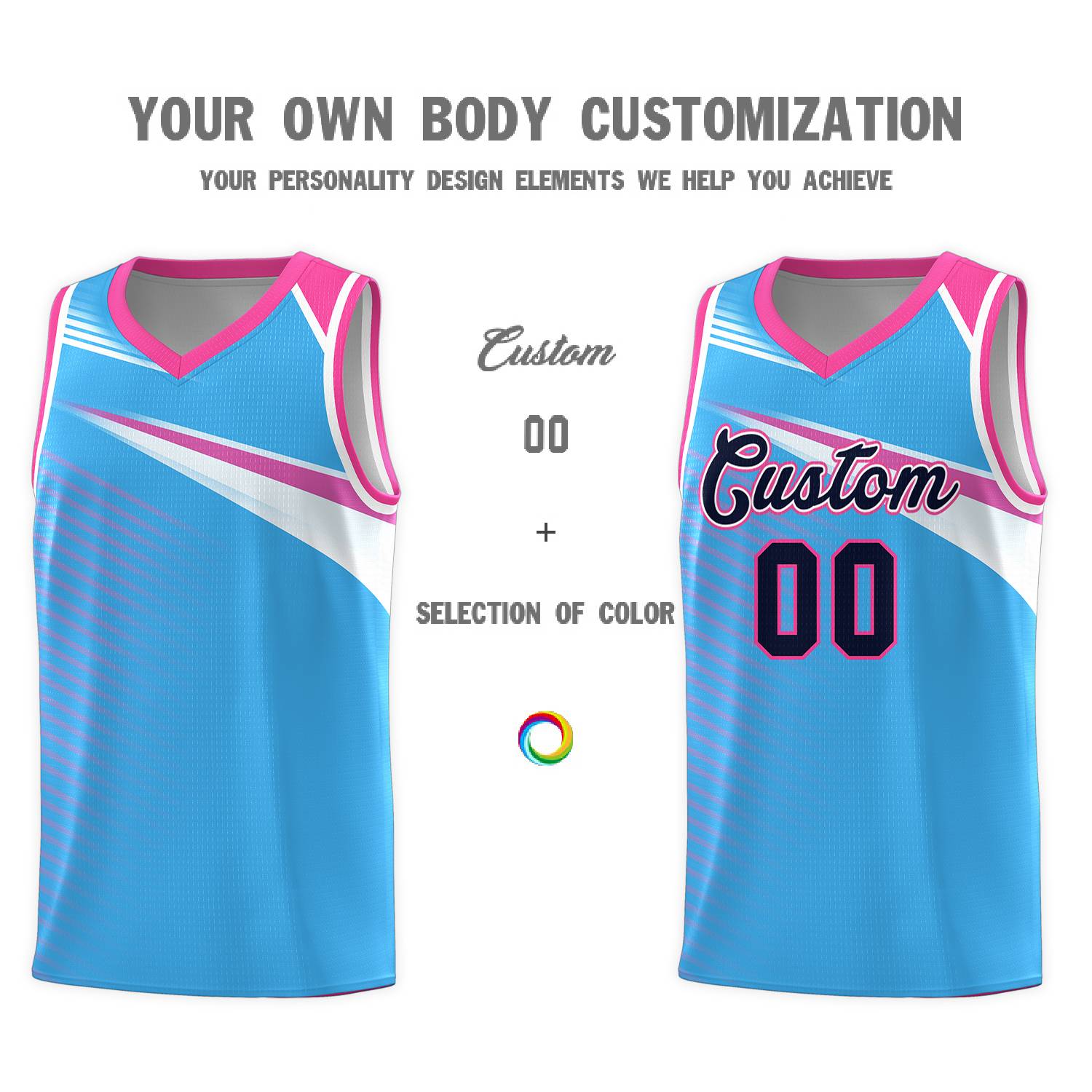 Custom Powder Blue Navy-White Chest Color Block Sports Uniform Basketball Jersey