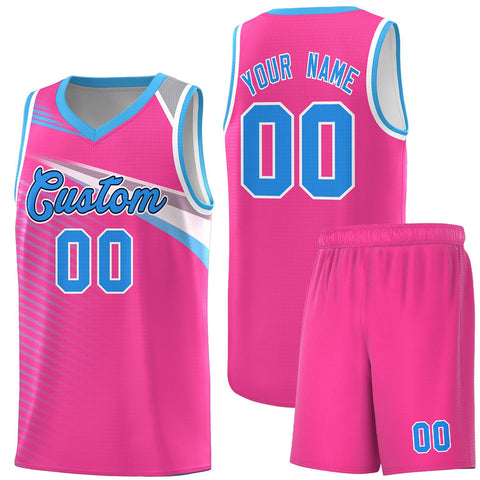Custom Pink Powder Blue-Navy Chest Color Block Sports Uniform Basketball Jersey