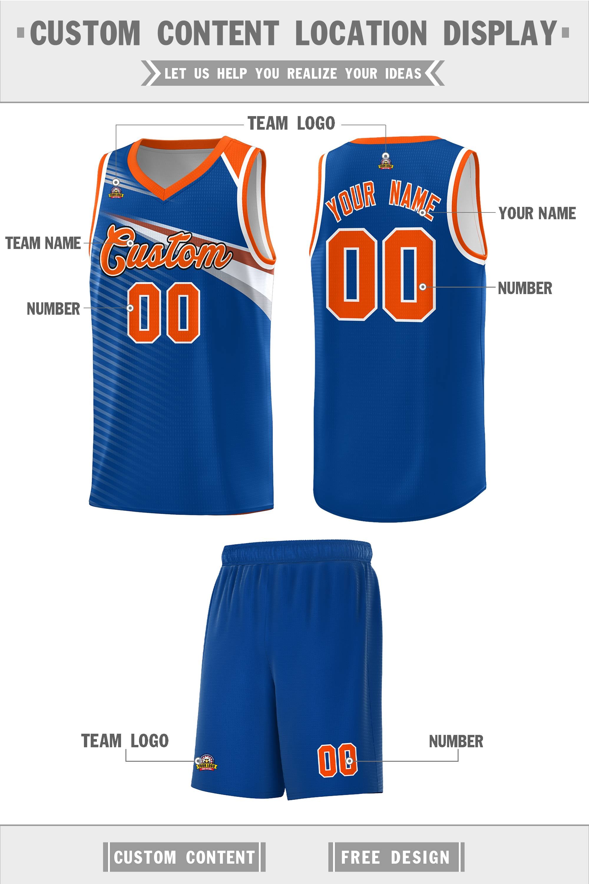 Custom Royal Orange-White Chest Color Block Sports Uniform Basketball Jersey