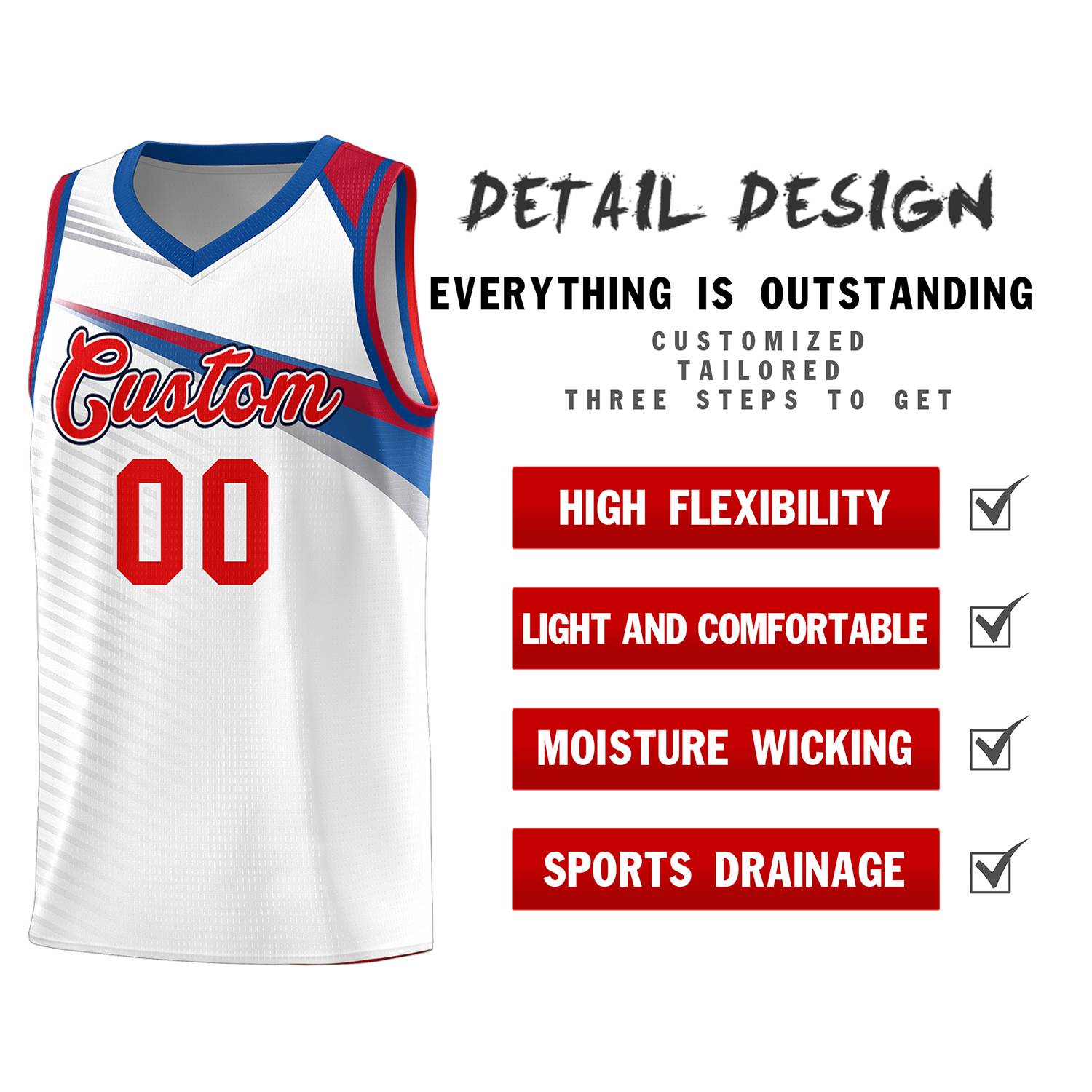 Custom White Red Chest Color Block Sports Uniform Basketball Jersey