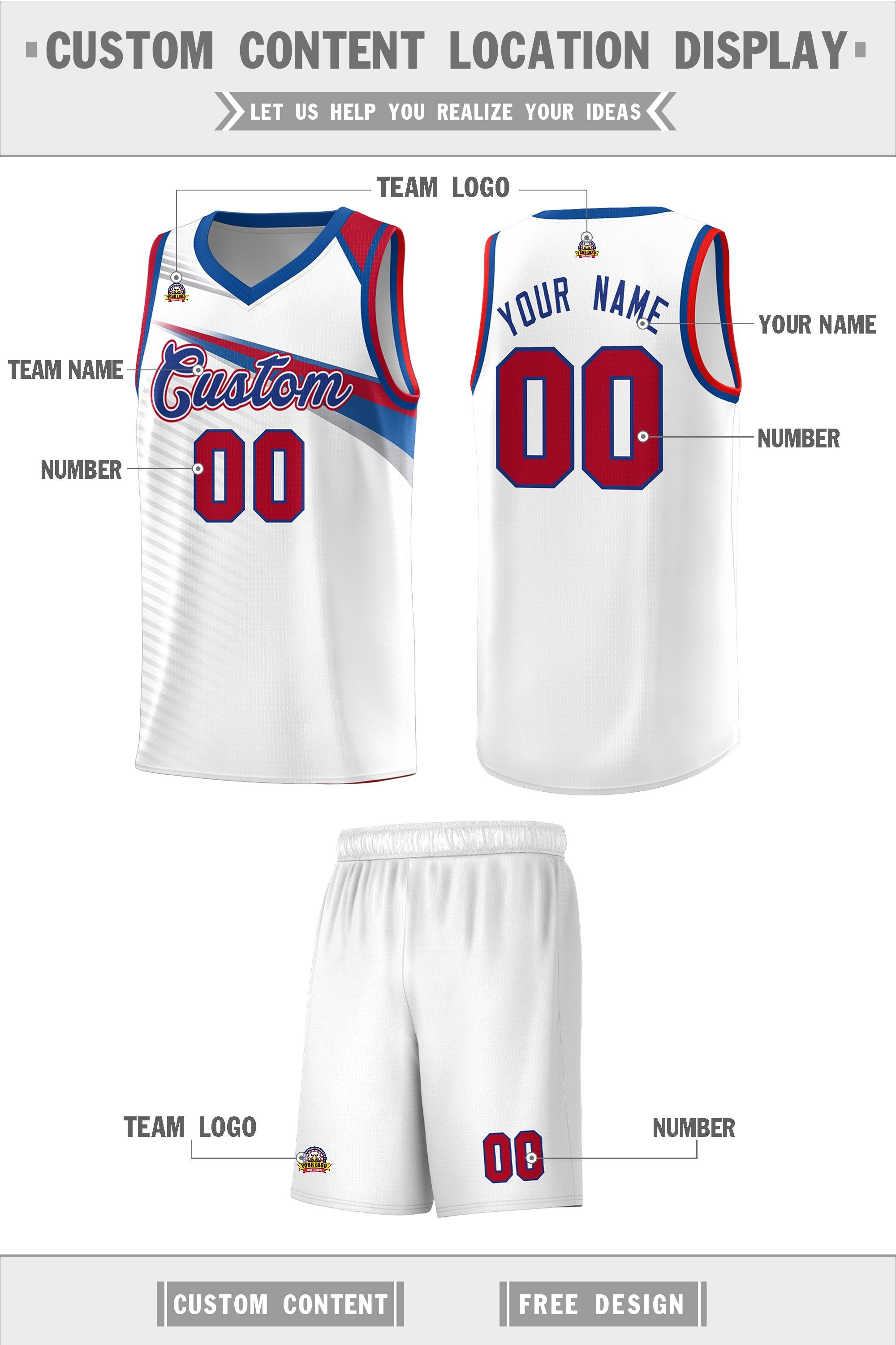 Custom White Royal Chest Color Block Sports Uniform Basketball Jersey