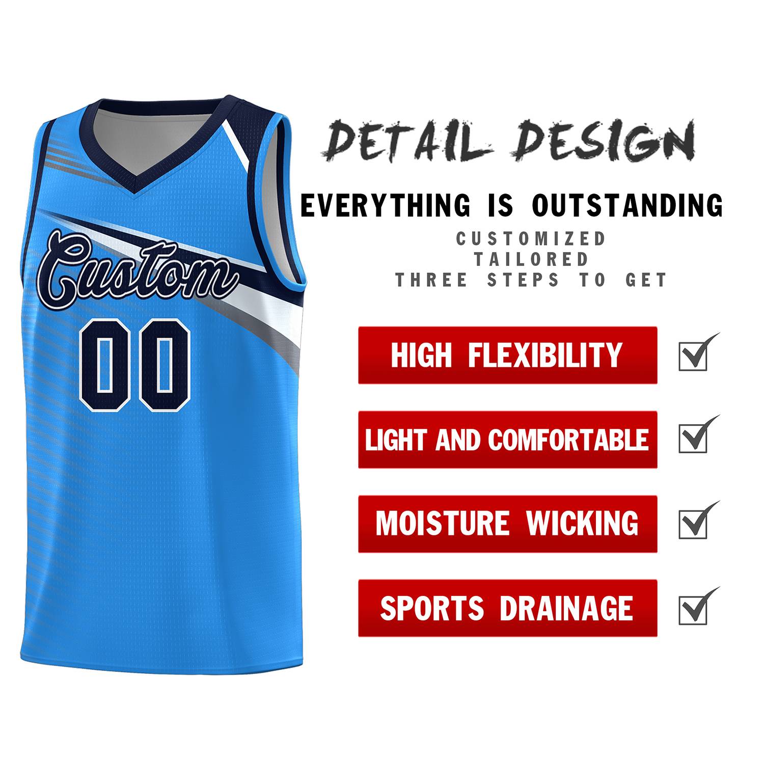 Custom Powder Blue Navy-White Chest Color Block Sports Uniform Basketball Jersey