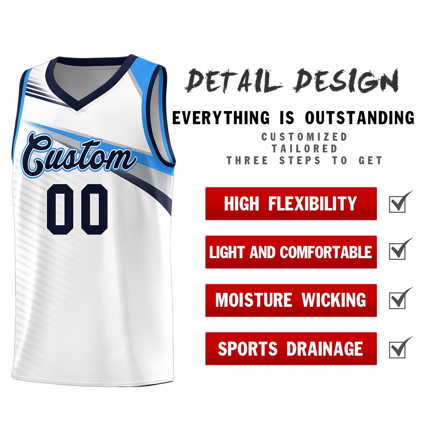 Custom White Navy Chest Color Block Sports Uniform Basketball Jersey