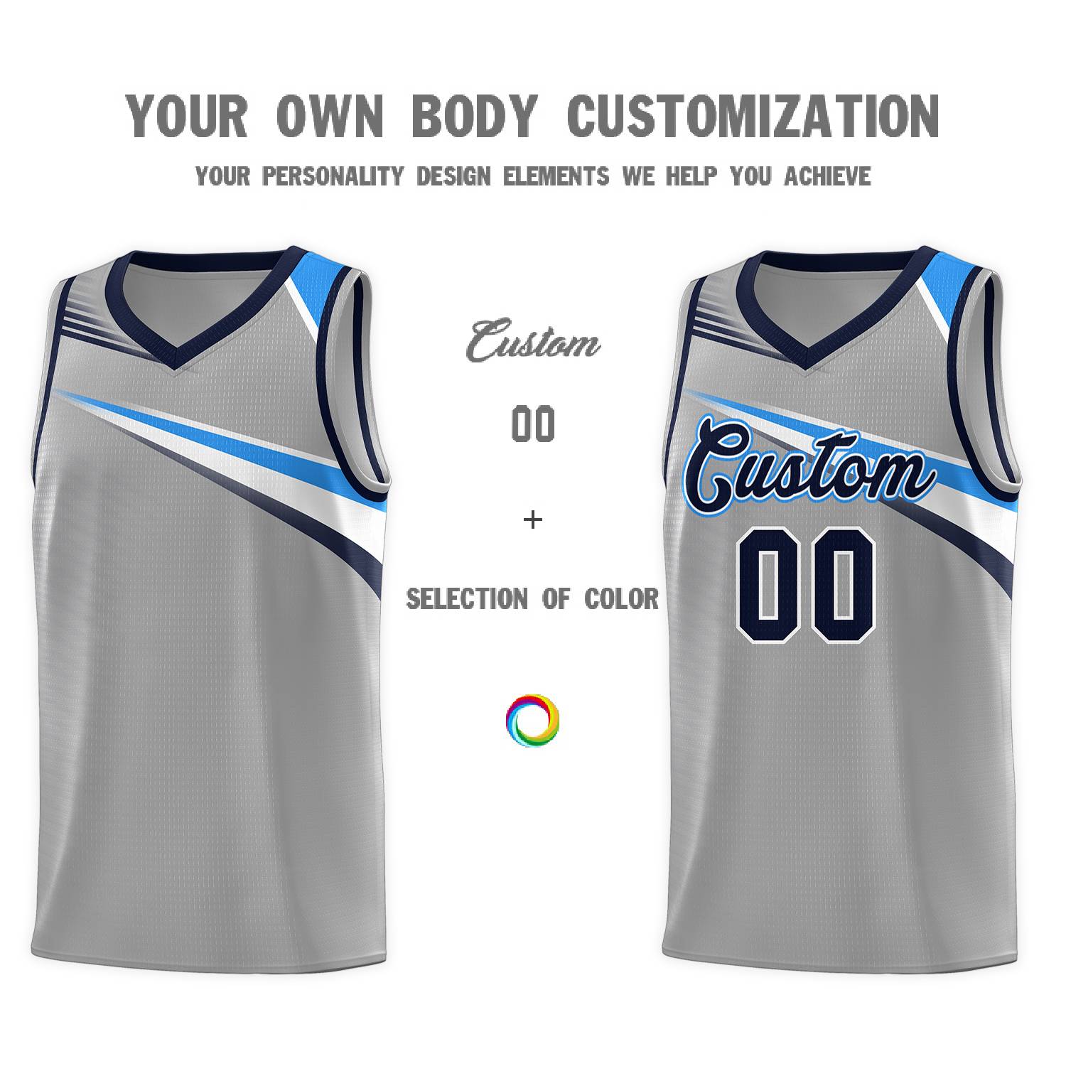 Custom Gray Navy-White Chest Color Block Sports Uniform Basketball Jersey