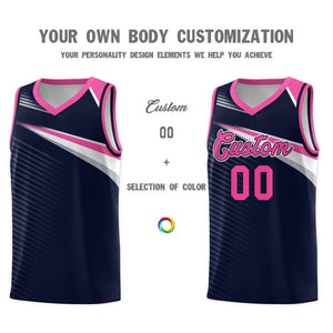 Custom Navy Pink-White Chest Color Block Sports Uniform Basketball Jersey