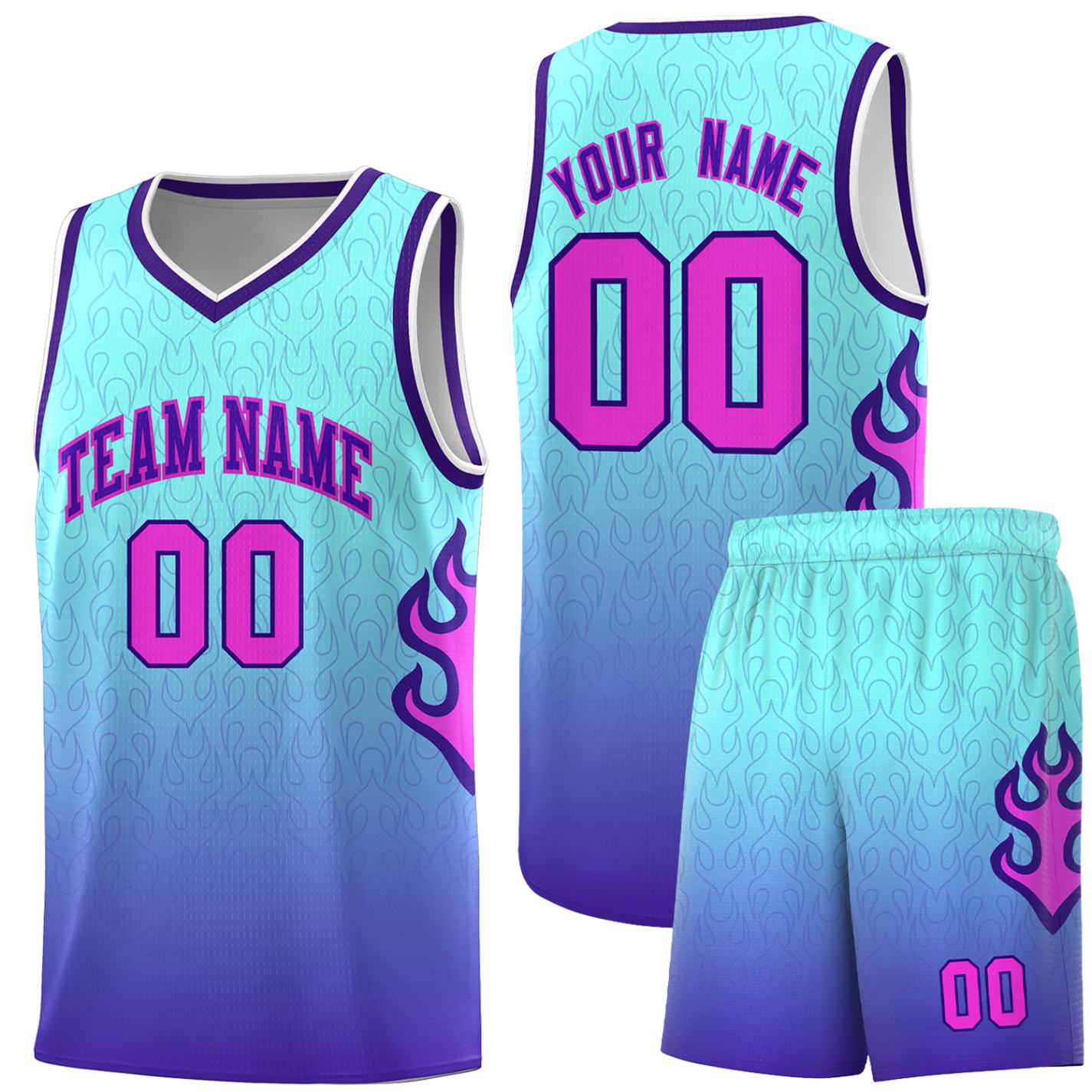 Custom Light Blue Purple-White Flame Gradient Fashion Sports Uniform Basketball Jersey