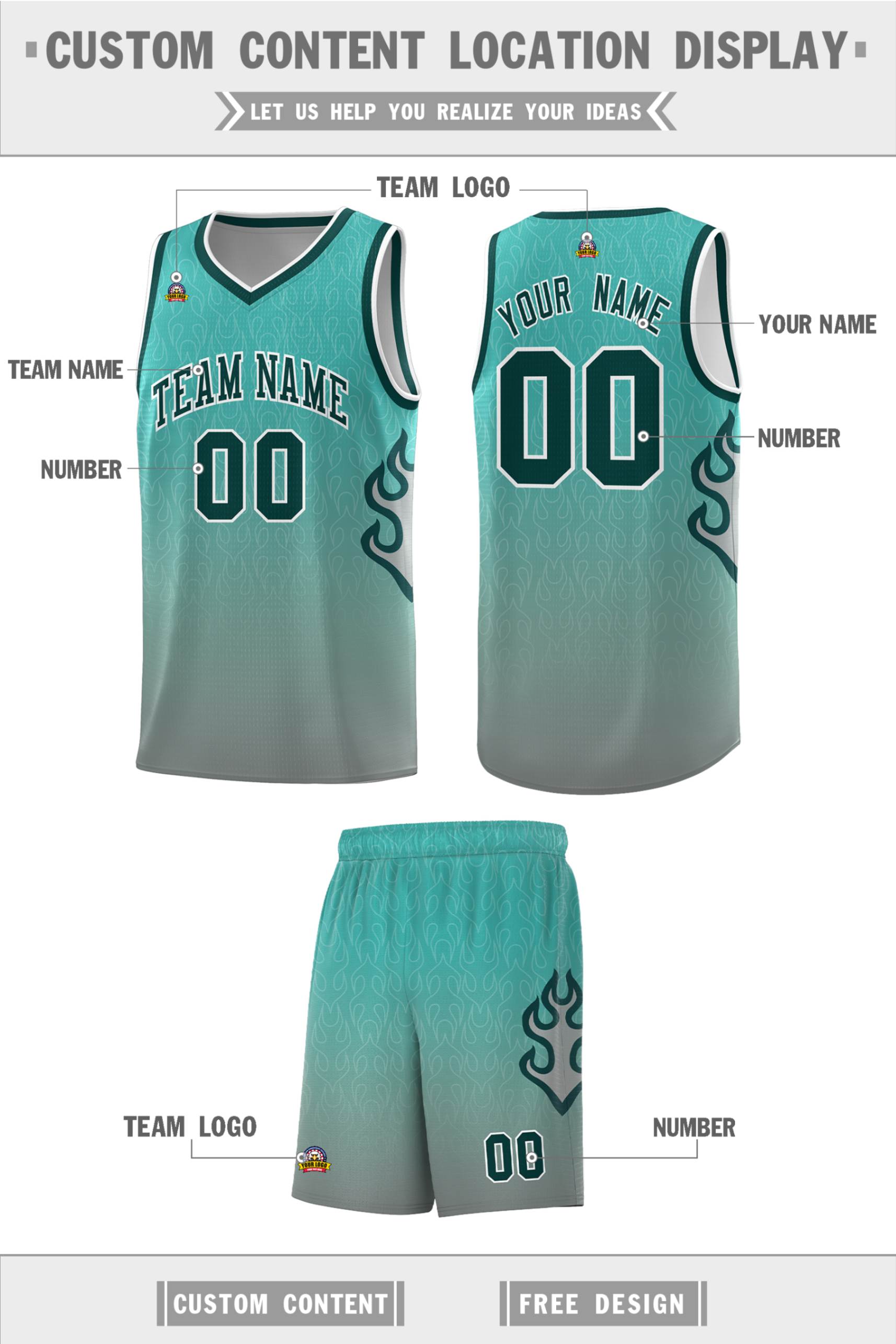 Custom Aqua Dark Gray-Midnight Green Flame Gradient Fashion Sports Uniform Basketball Jersey