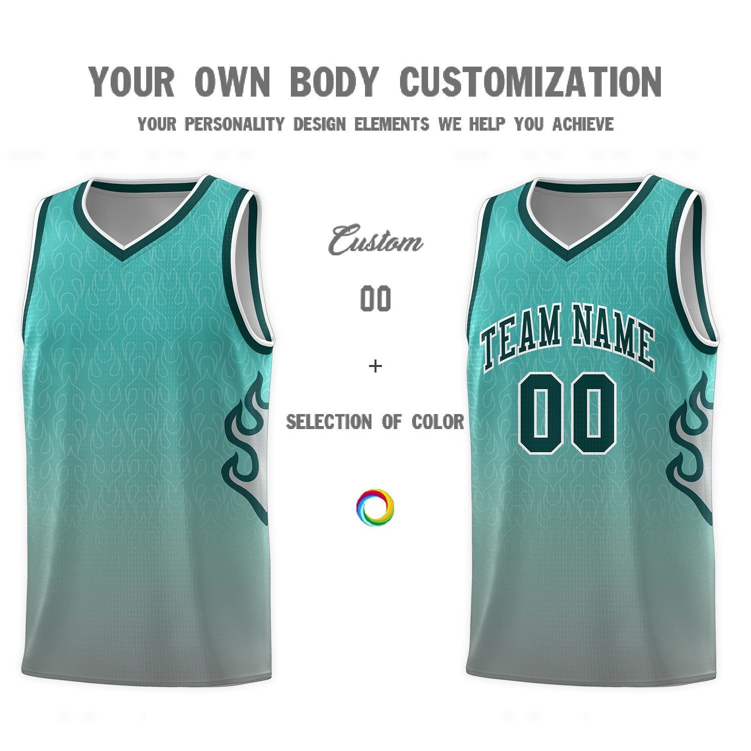 Custom Aqua Dark Gray-Midnight Green Flame Gradient Fashion Sports Uniform Basketball Jersey