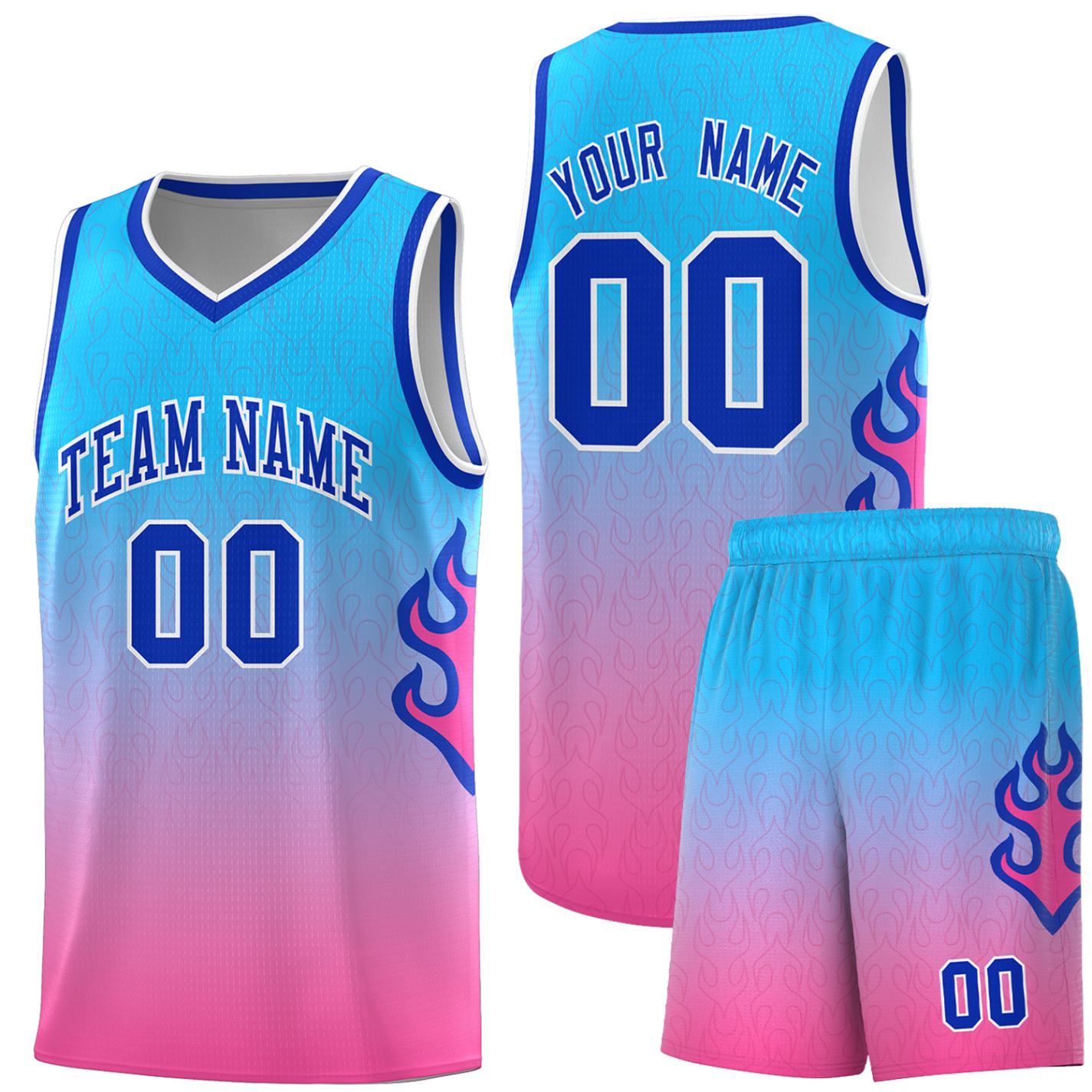 Custom Powder Blue Pink-Royal Flame Gradient Fashion Sports Uniform Basketball Jersey