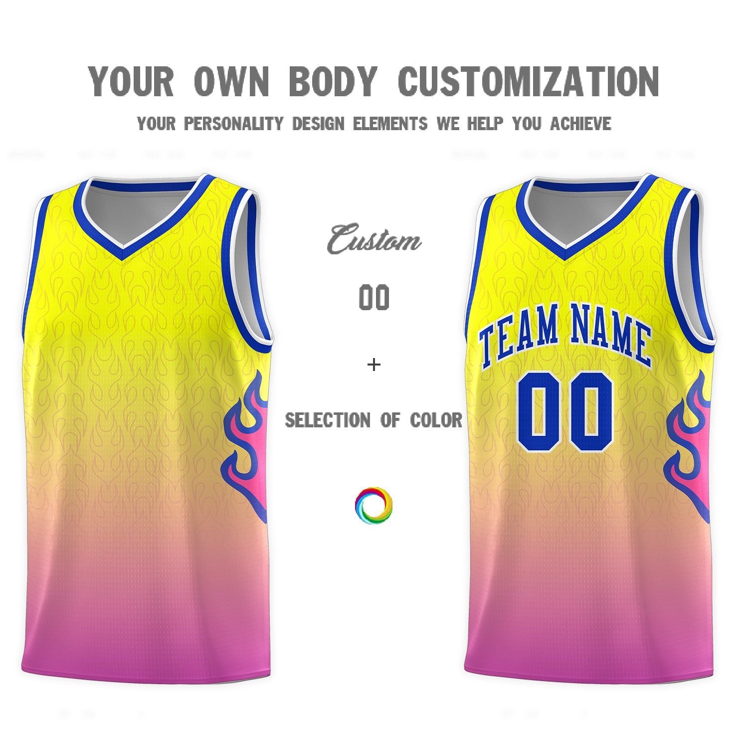 Custom Orange Pink-Royal  Flame Gradient Fashion Sports Uniform Basketball Jersey