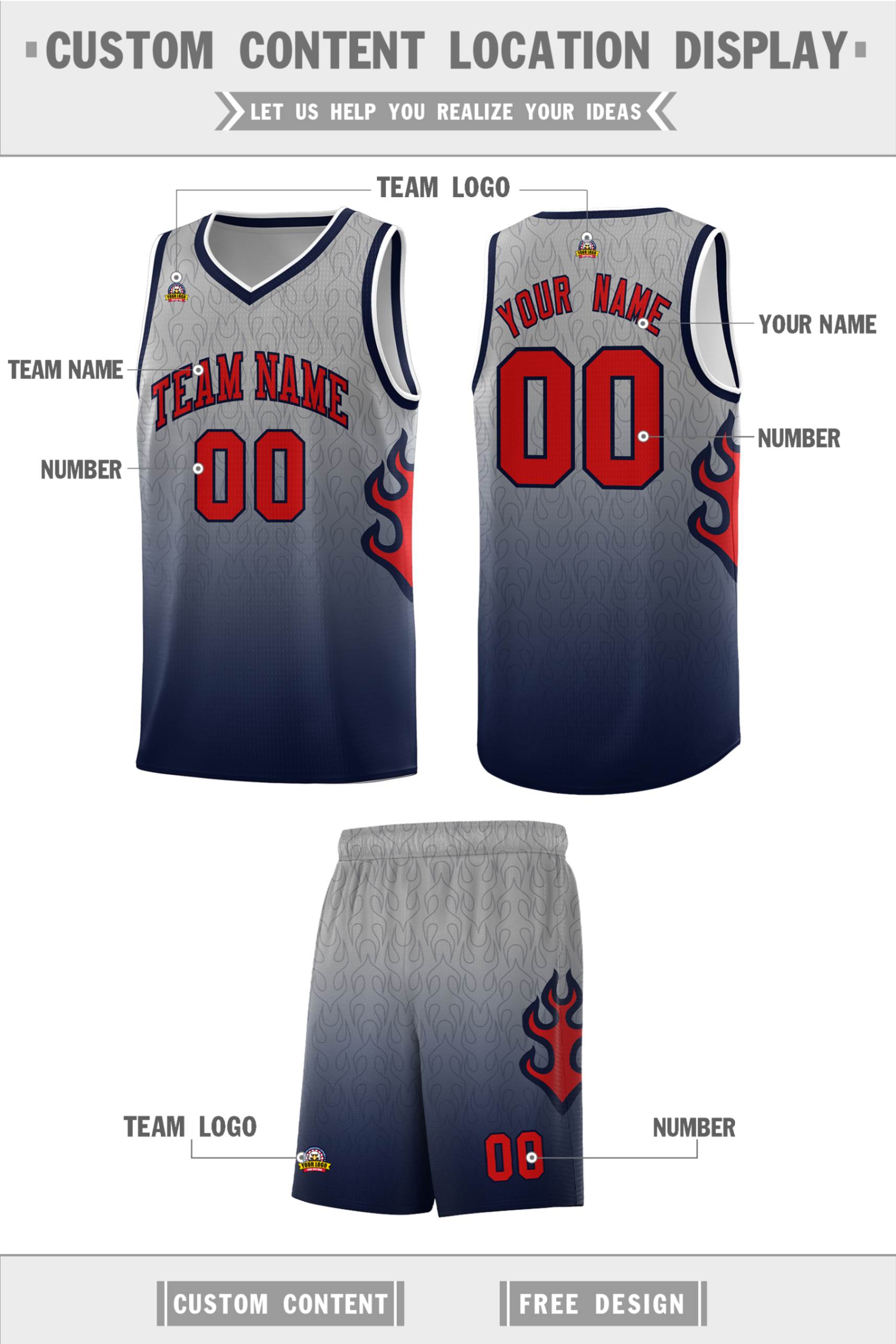 Custom Gray Navy-Red Flame Gradient Fashion Sports Uniform Basketball Jersey