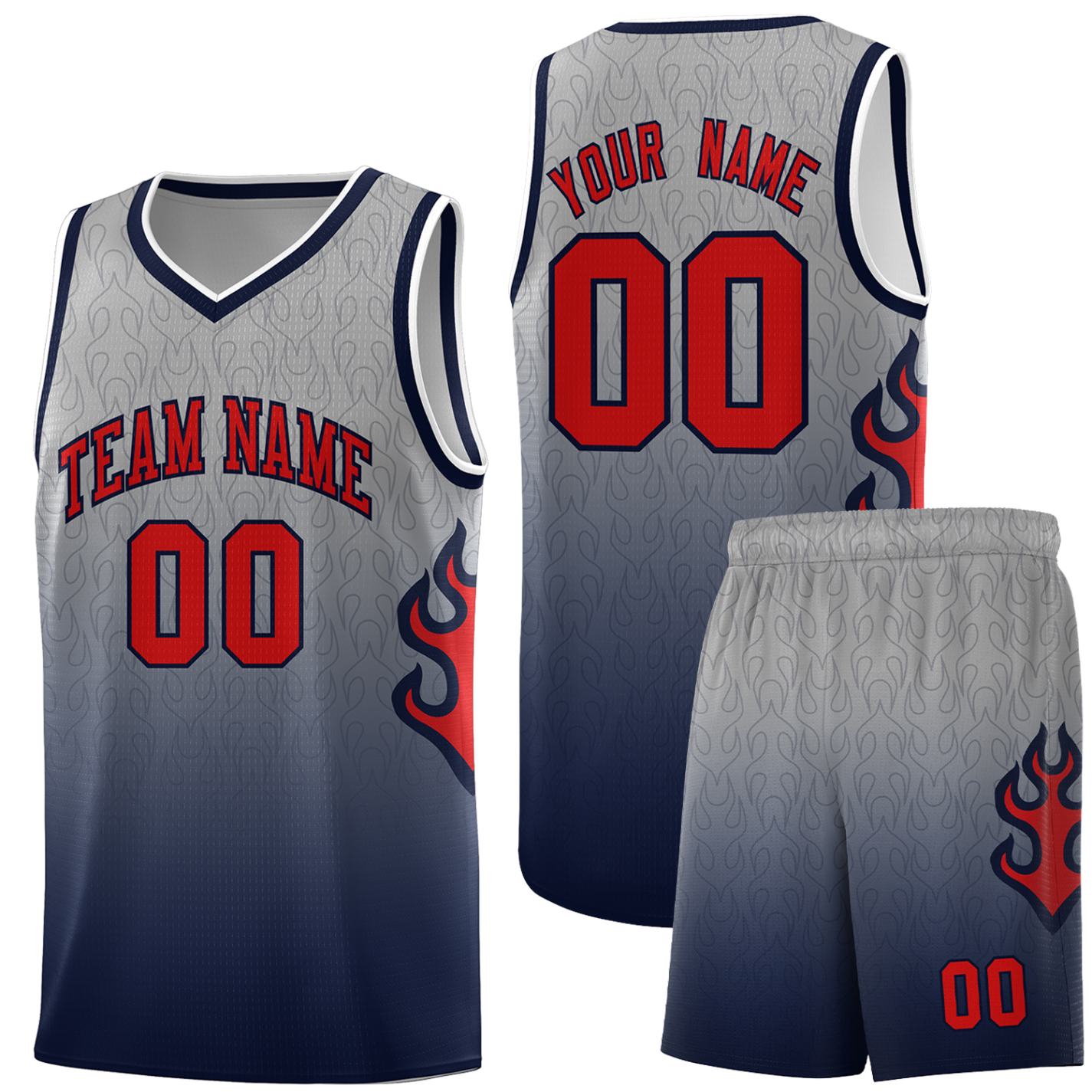 Custom Gray Navy-Red Flame Gradient Fashion Sports Uniform Basketball Jersey