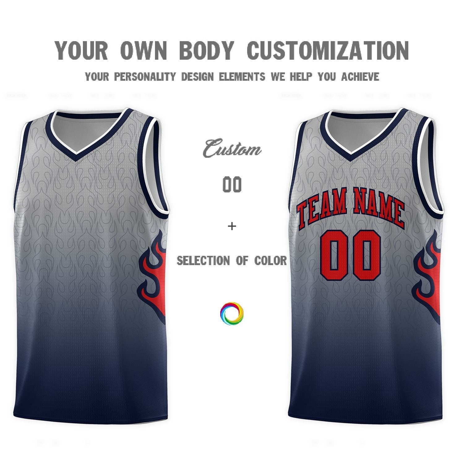 Custom Gray Navy-Red Flame Gradient Fashion Sports Uniform Basketball Jersey