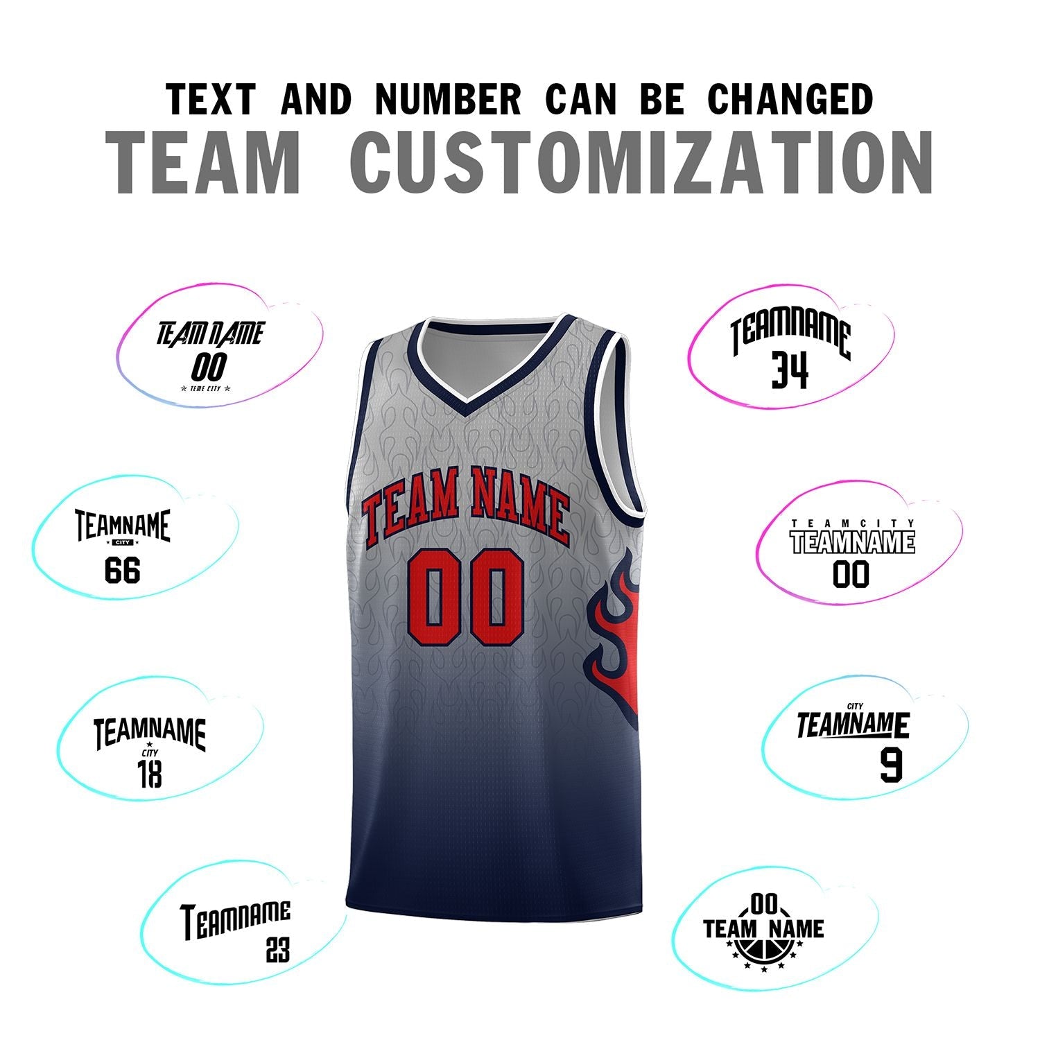 Custom Gray Navy-Red Flame Gradient Fashion Sports Uniform Basketball Jersey