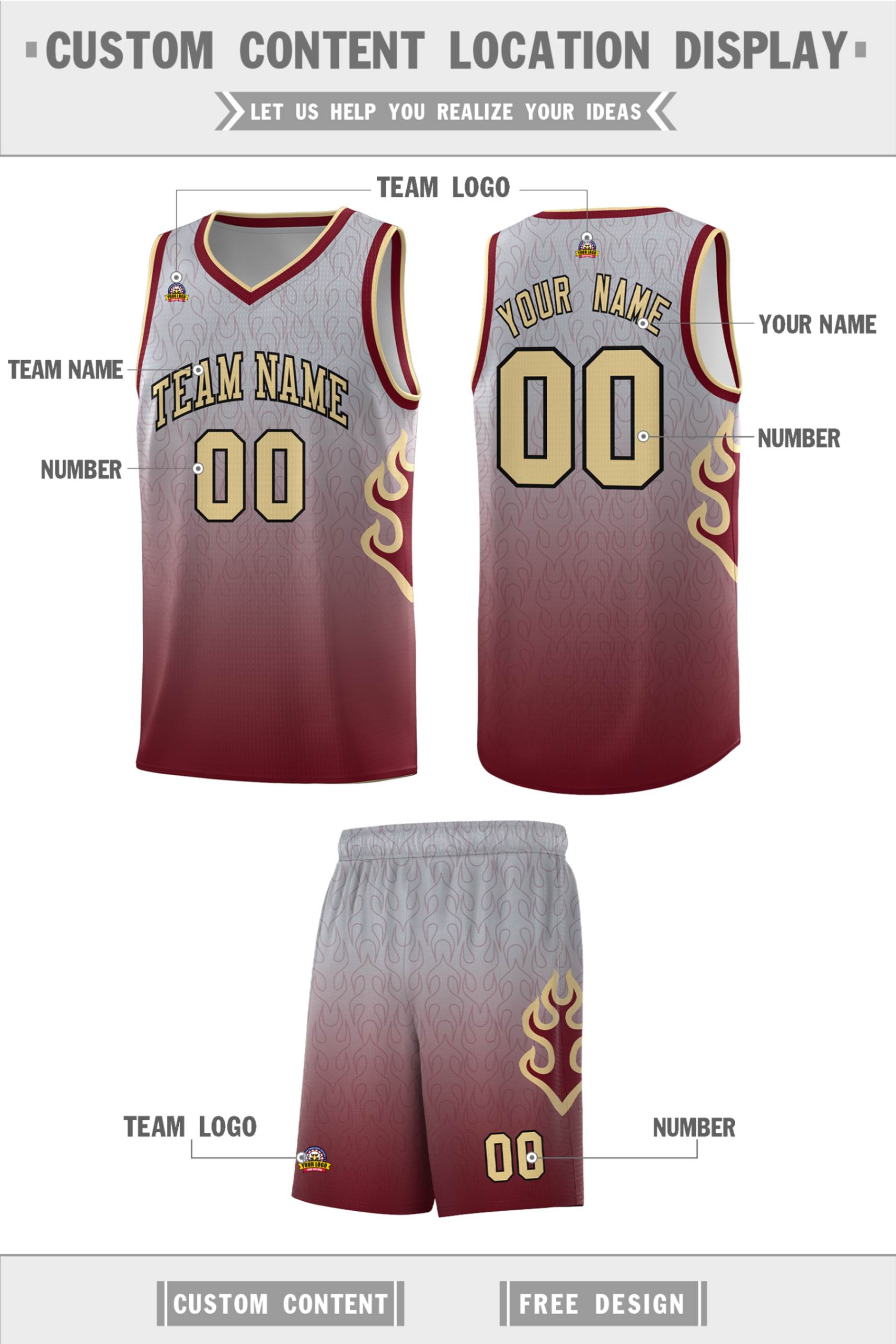 Custom Gray Crimson-Khaki Flame Gradient Fashion Sports Uniform Basketball Jersey